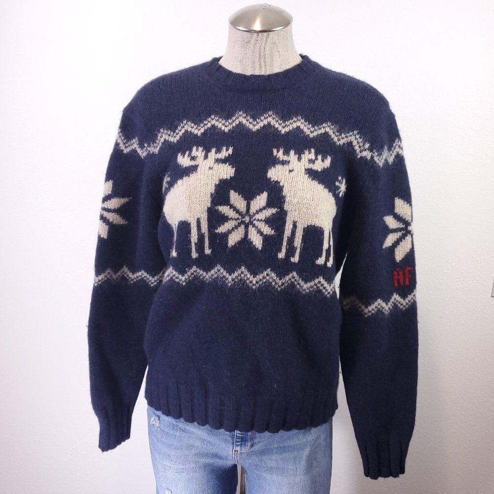 Abercrombie & Fitch Blue White Wool Moose Crew Neck Pullover Sweater